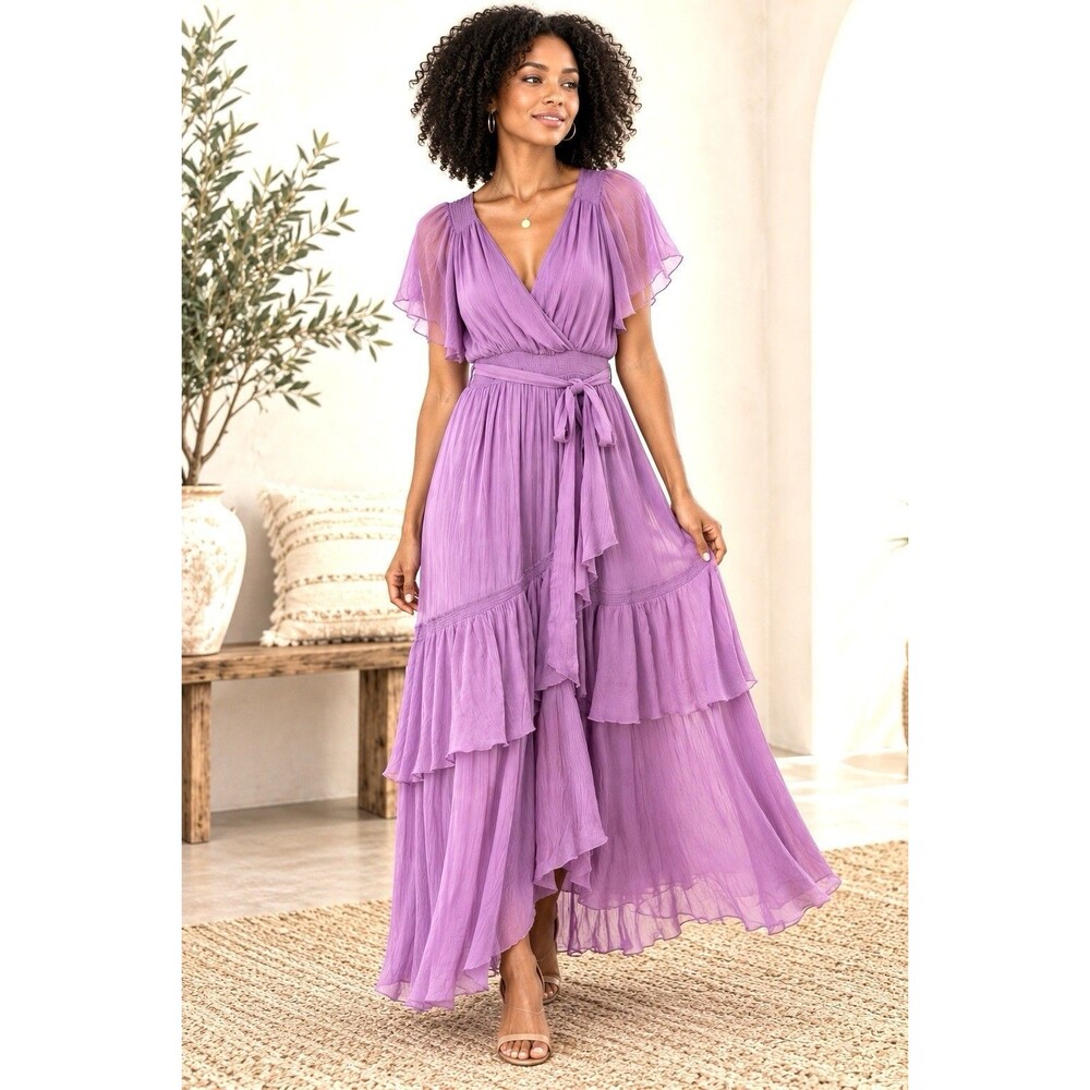 Sundance Purple Maxi Dress M Boho Cottagecore Wrap Ruffle Flutter Sleeve NWT